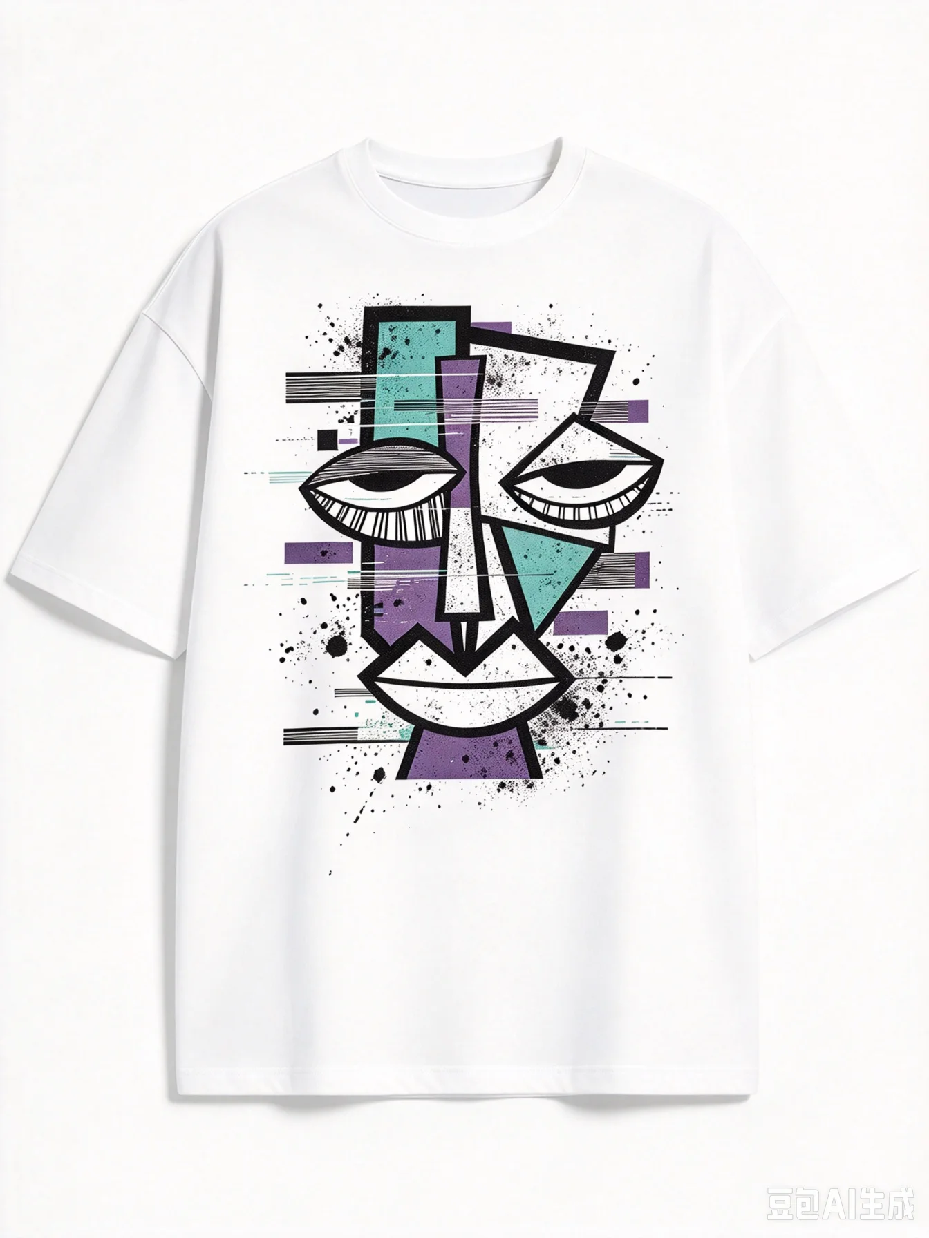 Streetwear Abstract Geometric Face Print Men T‑Shirt Cubism Art Casual Loose Tops