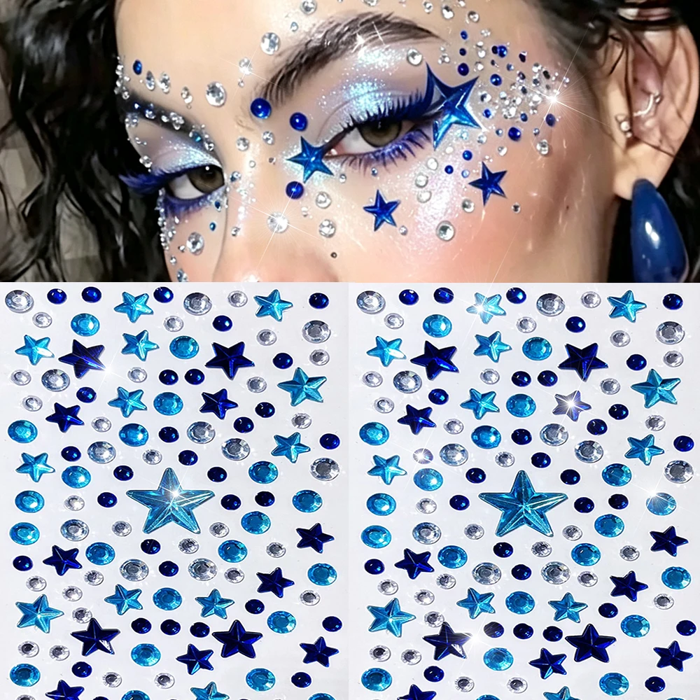 2/1Pcs Blue Star Face Gems Stickers Mixed Star & Round Rhinestone Face Gems Jewels, For Festival Christmas Rave Party Makeup &%*
