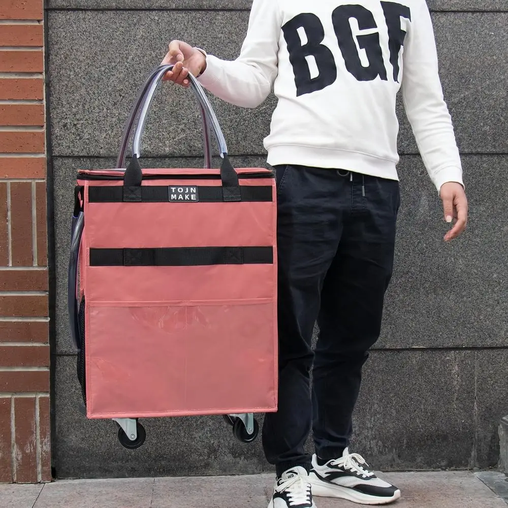 حقيبة تسوق بعجلات قابلة لإعادة الاستخدام مع 8 جيوب، بسحاب، تحمل 46 رطلًا، قابلة للطي، شديدة التحمل، لون وردي متوسط