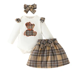 Ensemble de Vêtements pour Nouveau-Né Fille de 0 à 18 Mois, Tenue avec Dessin Animé, Ours Brodé, Manches sulf, Costumes de Batterie, Jupe à Carreaux, Bandeau