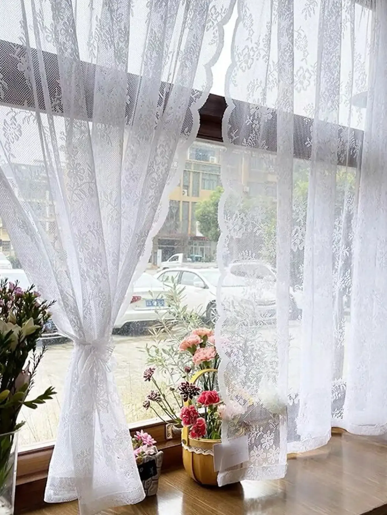 1pc White Flower Embroidery Sheer Curtain,Romantic Polyester Blackout Curtains for Living Room,Bedroom