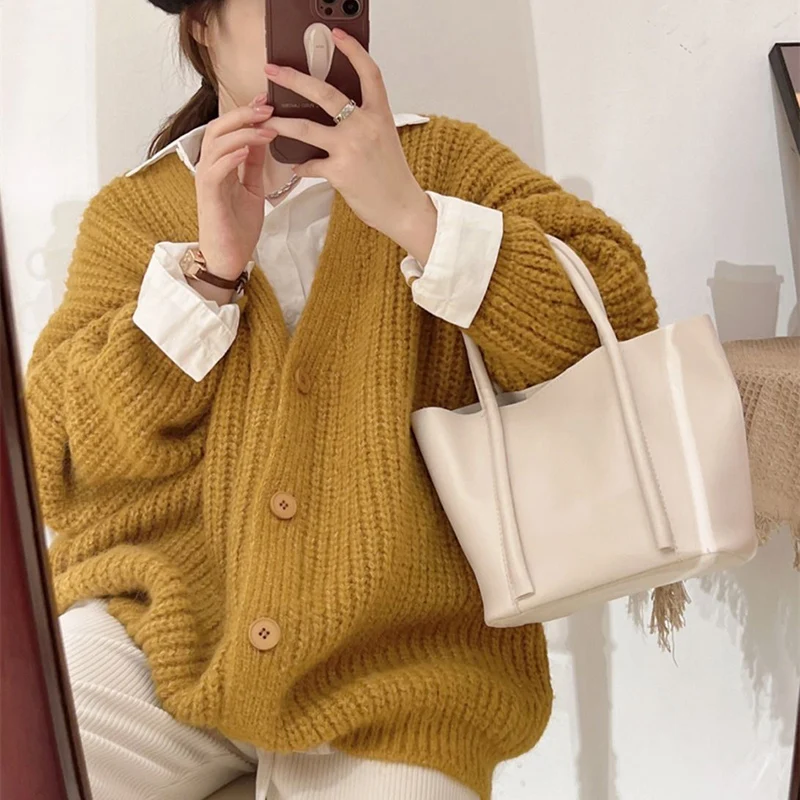 Candy Colors Knitted Cardigan for Women Autumn Winter Long Sleeve Loose Cardigans Woman Chic Lazy Wind V Neck Sweater Coats