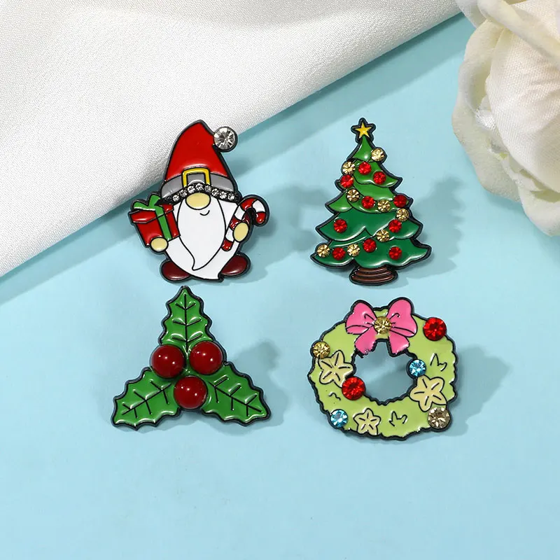 4 أنماط مضحك عيد ميلاد سعيد موضوع كريستال دبابيس هولي سانتا كلوز إكليل شجرة المينا حجر الراين دبابيس هدية عيد الميلاد