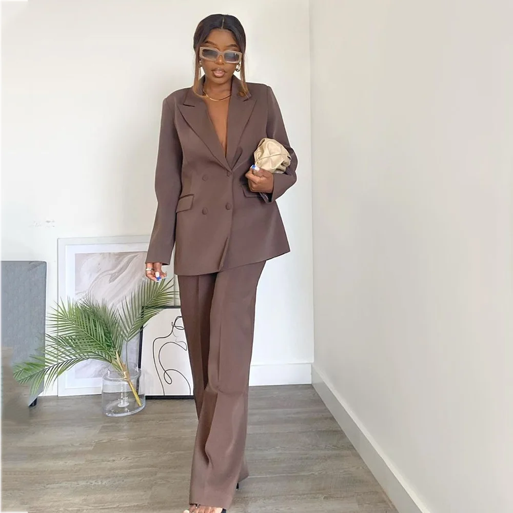 Classic Fit Peak Lapel Women Suits Double Breasted Straight Fit Blazer Pants Outfit Business Casual Formal Lady Set Two Pieces