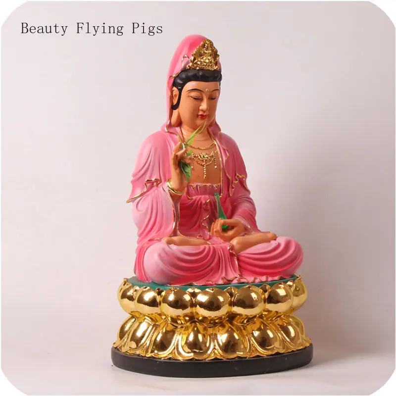 12 inch resin powder coated golden lotus Guanyin Buddha statue, home offering Guanyin Bodhisattva ornaments feng shui