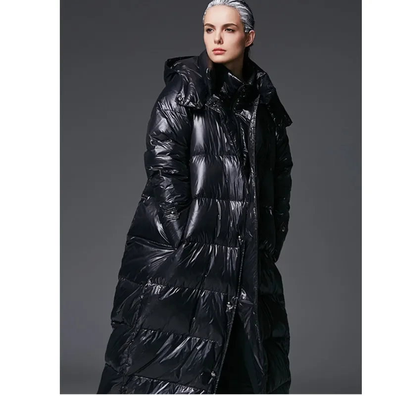 Black Glossy Down Jacket Winter Women Detachable Hooded Parkas Warm Thicken Long Overcoat Loose Female Windproof Snow Parka Coat