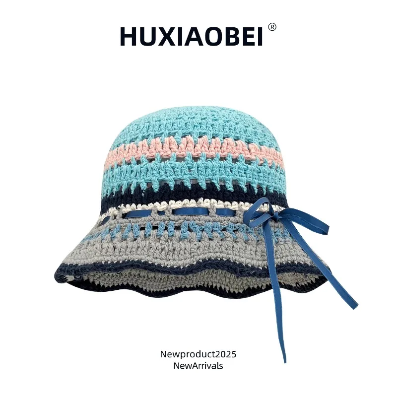 

Japanese Striped Color Matching Ribbon Bow Knitted Bucket Hat Women Spring and Autumn Hand-crocheted Hollow Versatile Basin Cap