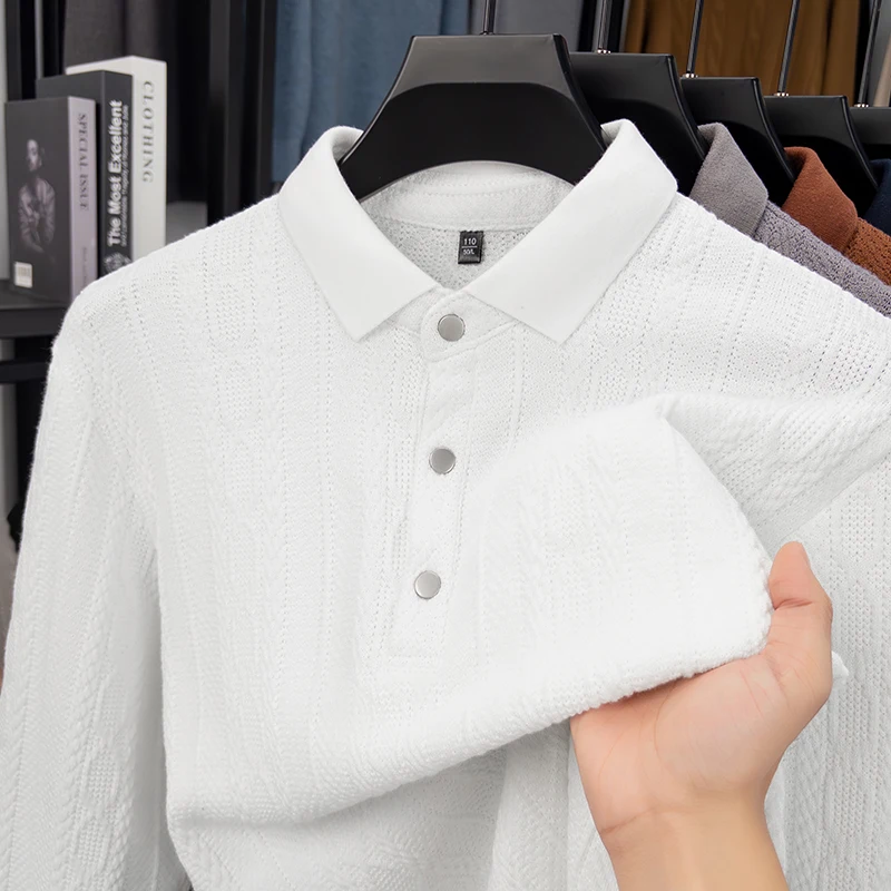 Polo da uomo a maniche lunghe lavorata a maglia jacquard alla moda, comfort di alta qualità, primavera autunno, maglione con risvolto casual in tinta unita