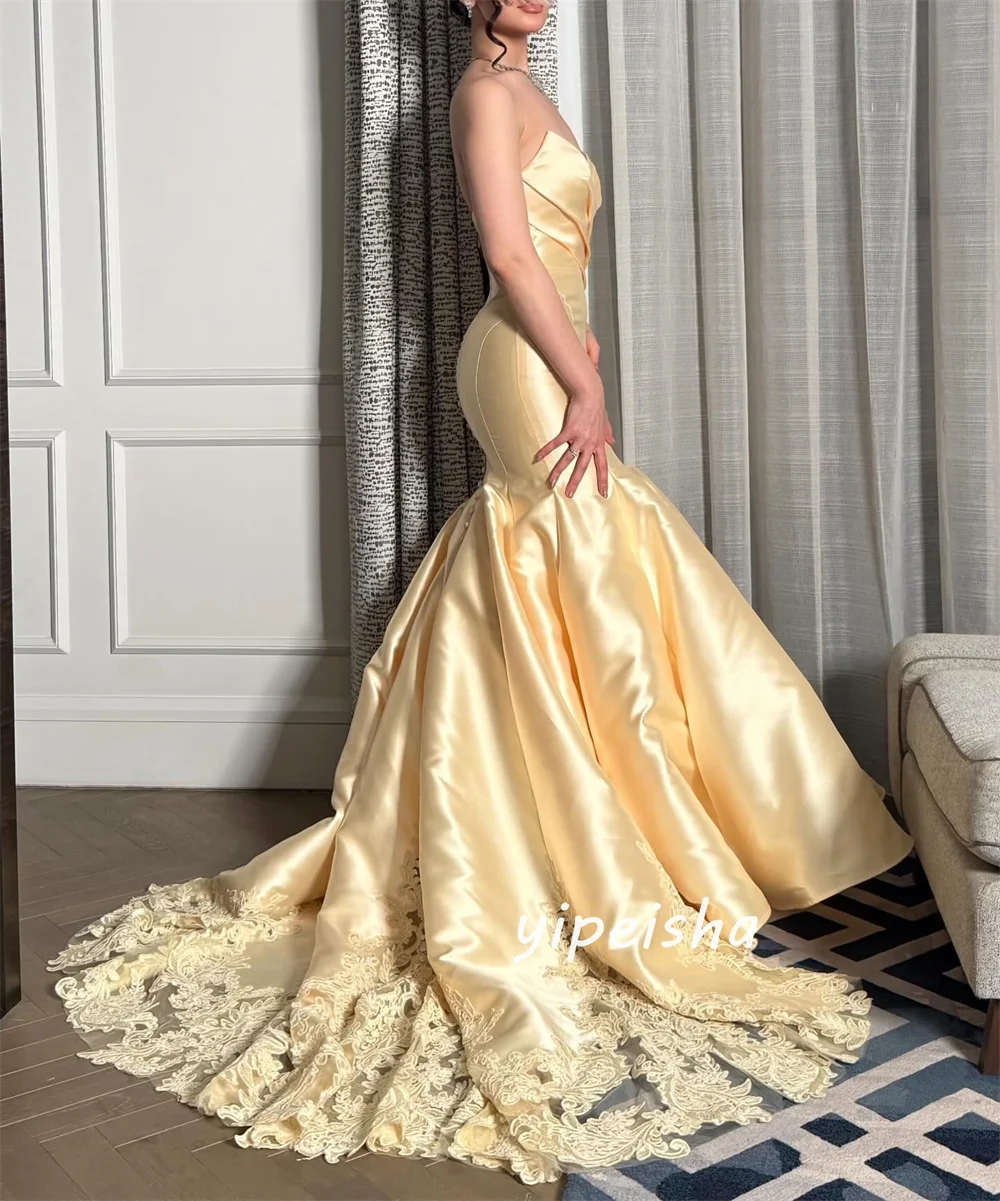 

Customized Exquisite Luxury Yellow Lace Button Pleat Ruched Mermaid Strapless For Birthday Party Evening Dresses