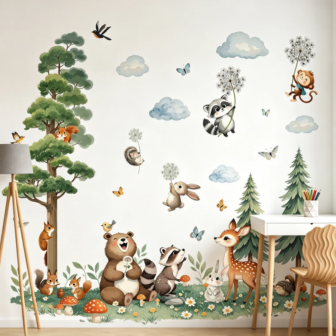 Cartoon-Aquarell-Wandtattoos mit Motiven von Wald, Grasland und kleinen Tieren für Wohnzimmer, Schlafzimmer und Kinderzimmer. – Detail 4