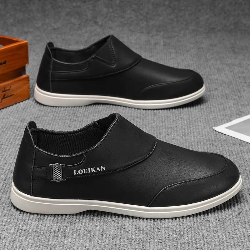 

Korean Style Men's Slip-On Leather Casual Shoes - Black Comfortable Soft Sole Daily Wear Formal & Leisure Versatile Footwear
