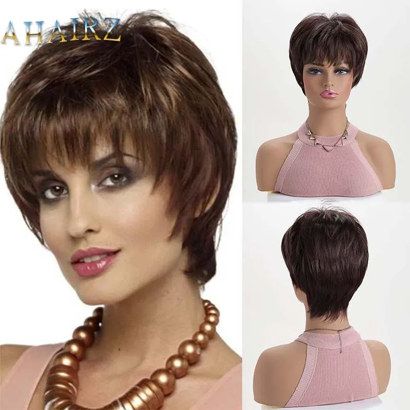 

Synthetic Short Wigs for White Women Brown Curly Wig with Bangs Hairstyles Mommy Wigs for Daily Use Soft Hair