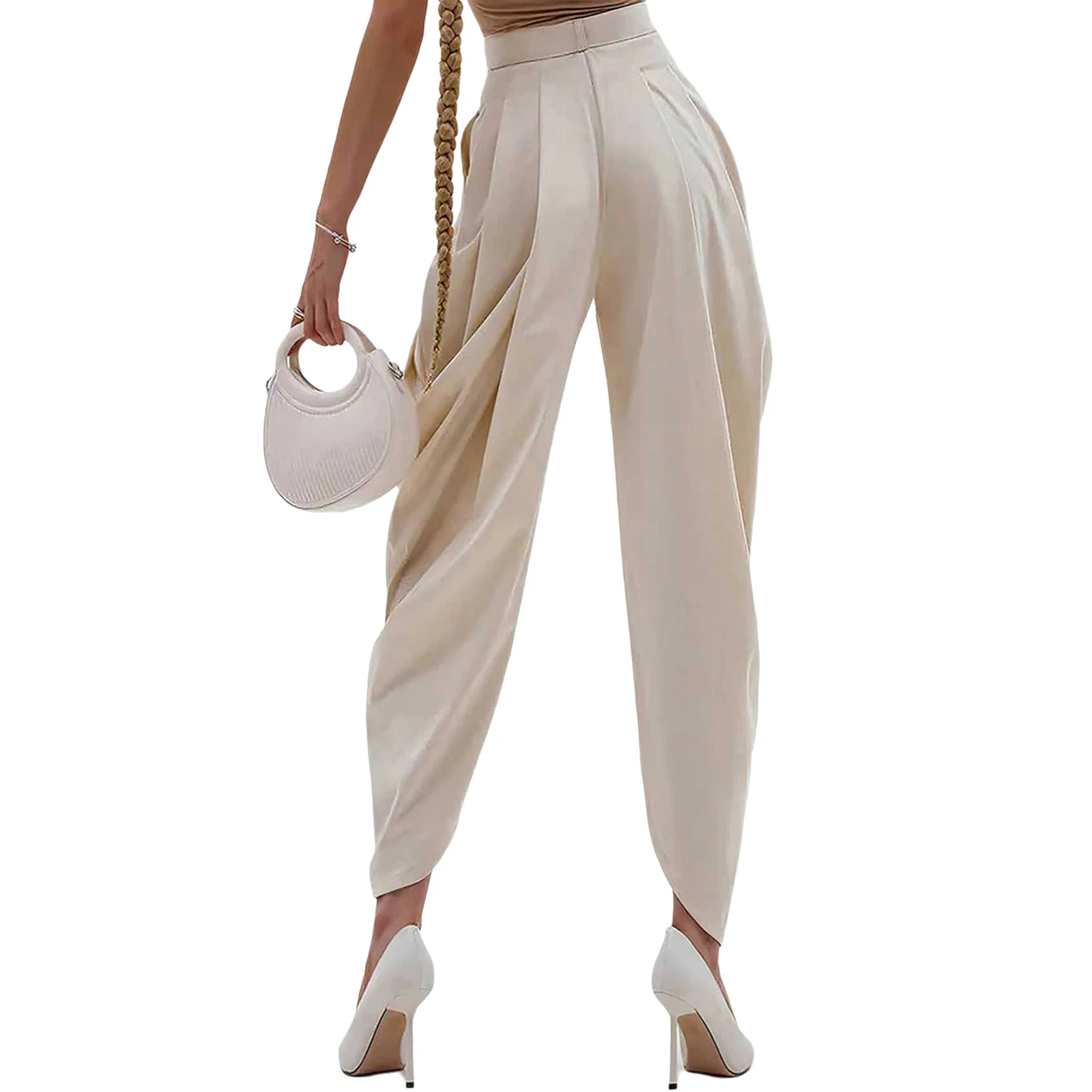 여성용 우아한 블루머 바지 앞주름 디테일 루즈핏 솔리드 컬러 배럴 팬츠 롱 팬츠 오피스 휴가용