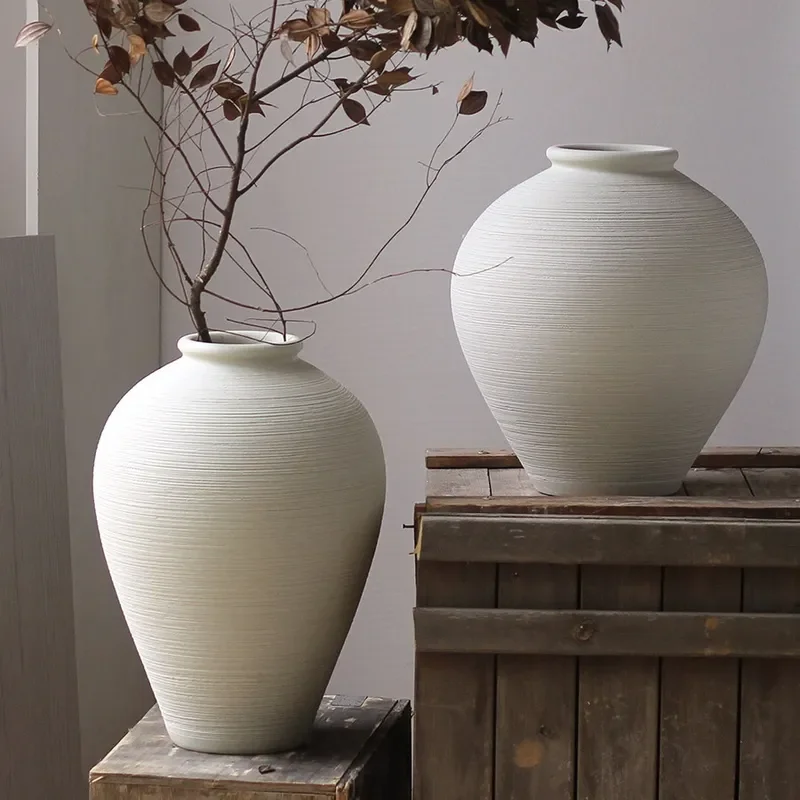 Large Floor to Ceiling Ceramic Vase Beige Wabi Sabi Coarse Pottery Jar for Dried Flowers Simple Living Room Home Decor New