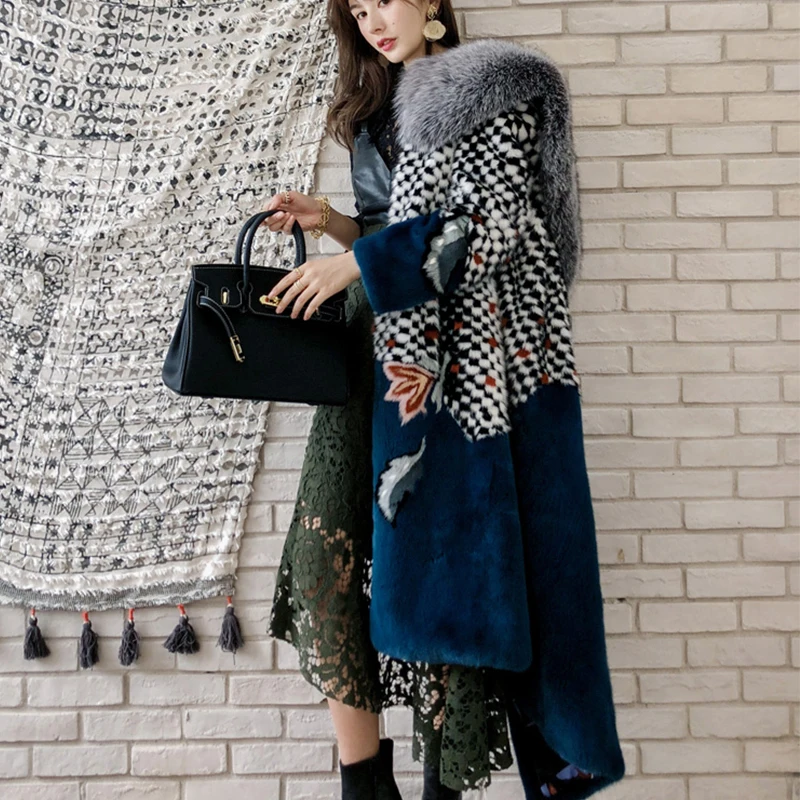 Ftangaiur Winter Import Velvet Mink Fur Coat With Fox Fur Collar Plaid Print Mink Coat Women Long Natural Real Mink Fur Coats