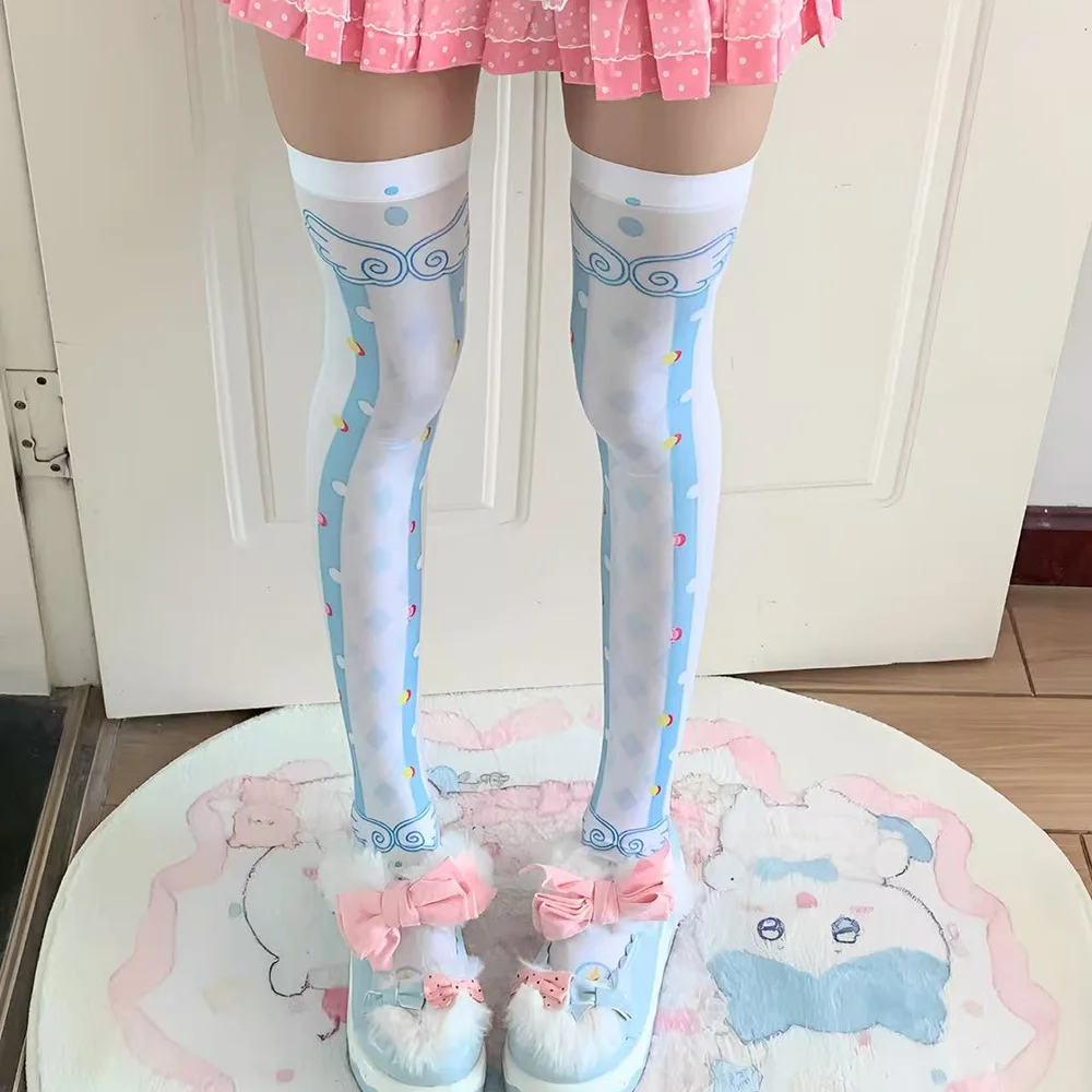 Sweet Lolita Wing Thigh-High Socks for Women, Kawaii Magical Girl Over-Knee Socks, Anime Cosplay Long Hosiery, Y2K Stockings