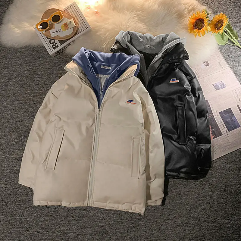

Down Padded Jacket Men Trend Winter Thickened Fake Two-piece Coat Korean Unisex Hip Hop 2024 New Zipper Up Parkas Q23