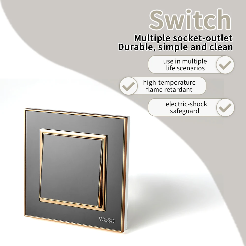 Black Acrylic Panel 16A AC On/Off 250V Wall Rocker Switch 1 Gang 1 Way Button Light Switch Flame Retardant EU Standard Classic