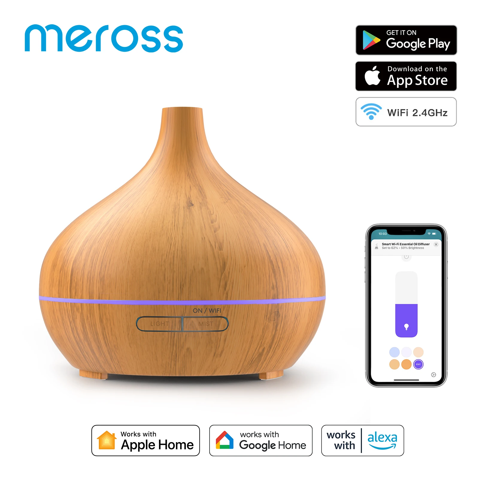 Meross-difusor de aceite esencial de madera, Control de voz inteligente con humidificador de aire, WiFi, para dormitorio, plantas domésticas,