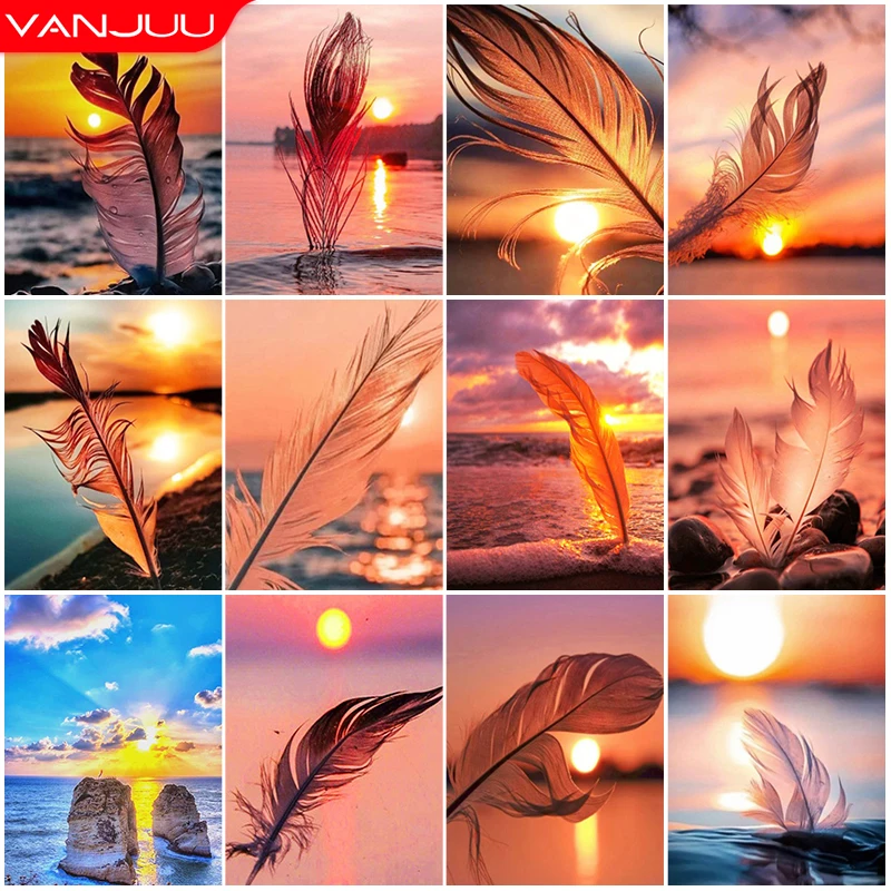 5D DIY Diamond Painting Feather Sunset Landscape Diamond Embroidery Mosaic Seaside Cross Stitch Kit Handicraft Home Decor Gift