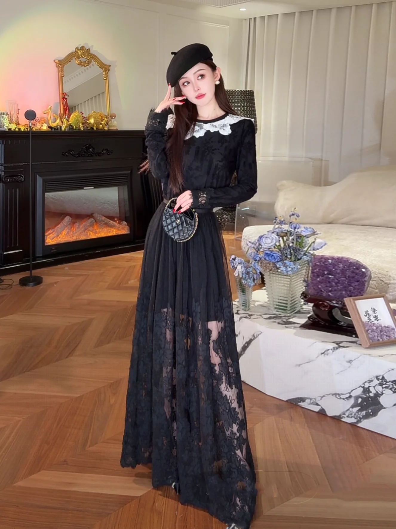 

Юбка А-силуэта Xiao Xiao Yu Evening Romance с высокой талией, изысканной вышивкой и кружевом, из нейлоновой ткани, для ранней осени