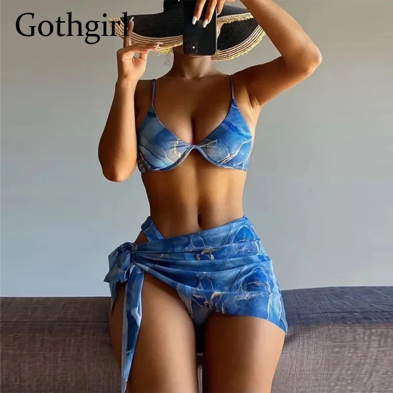 

Gothgirl Women Bikini Three-Piece Set Push Up Swimsuit Sexy Swimwear With Skirt Bathing Suit Marble Print Beachwear Summer 2024