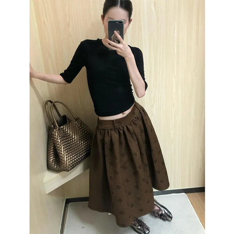 Korean Retro Floral Print Brown Mid-length Skirt Women 2025 Autumn New Streetwear High Waist Pleated Loose Casual A-line Skirt