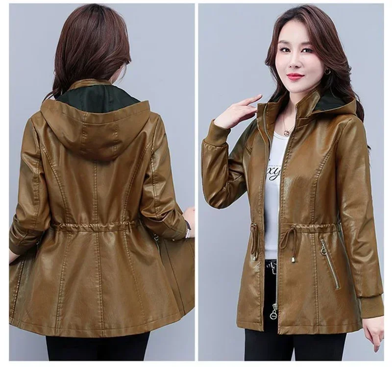 Autumn  and Winter Leather Jacket Women Dismantle Hooded Coat Fleece Thicken PU Leather Overcoat Female Drawstring Windbreakers