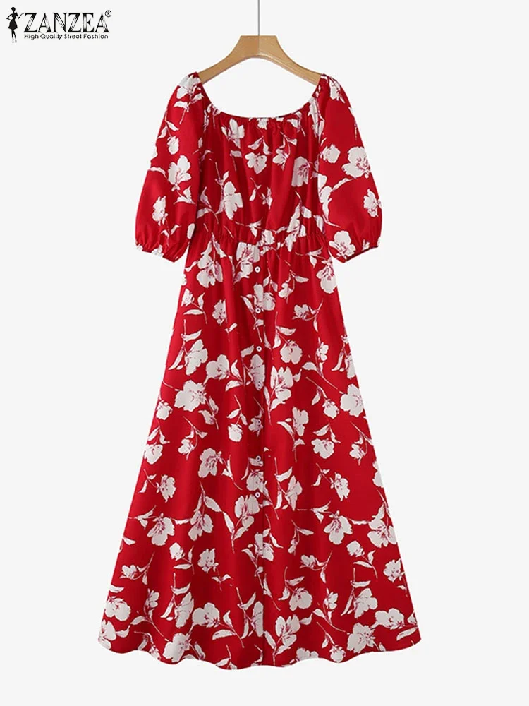 ZANZEA-Vestidos largos bohemios para mujer, vestido veraniego con estampado Floral, bata con hombros descubiertos, Vestidos largos con botones para vacaciones 2025