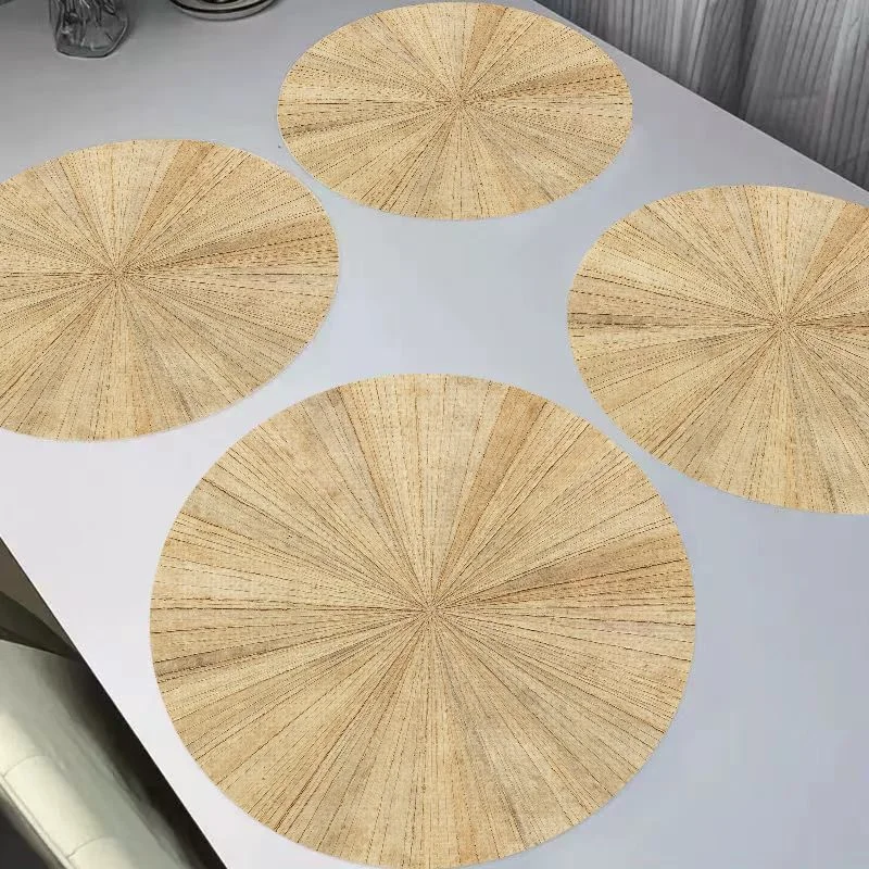 VIKAMA Retro Warm Yellow Sun Radiant Stone Pattern Round Linen Placemats, Heat Resistant Table Mat for Table Decoration
