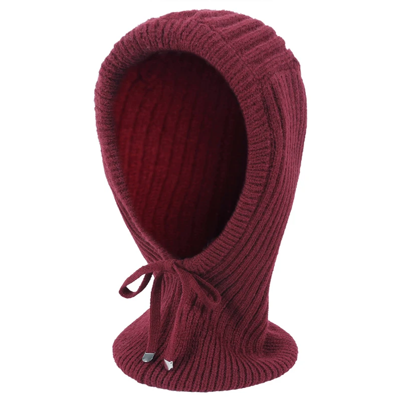 Women Windproof Hooded Scarf Hats Skullies Solid Color Knitted Pullover Drawstring Balaclava Winter Warm Hat Beanie Cap