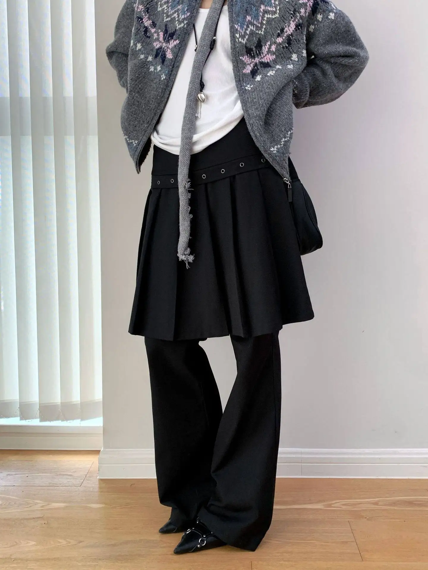 

Korean Sle Pleated Skirt Pants Women's Spring Autumn Layered Wear Bla Bell Bot Casual Trousers Girls' Faion