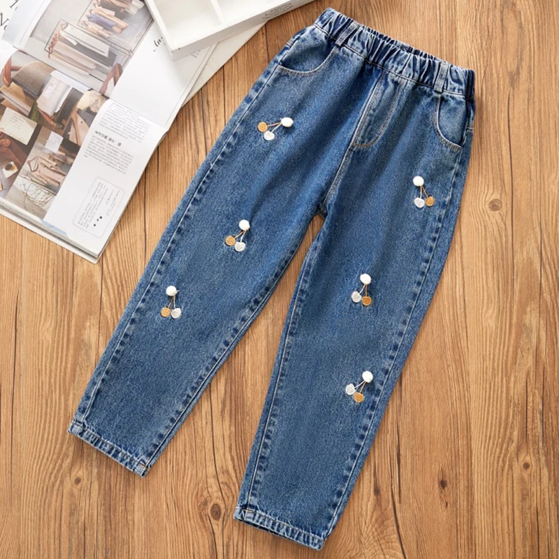 Casual Kids Baby Girls Cherry Flower Cowboy Pants Spring Autumn Kids Baby Girls Children Clothing Baby Girls Jeans