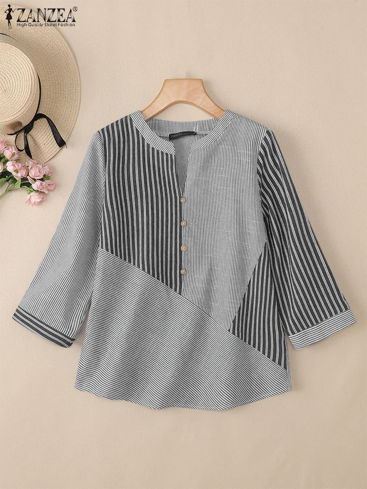 

ZANZEA 2022, женские осенние блузки, топы с v-образным вырезом и длинными рукавами, полосатая рубашка в стиле пэчворк, элегантные рабочие рубашки, повседневные праздничные Blusas Mujer