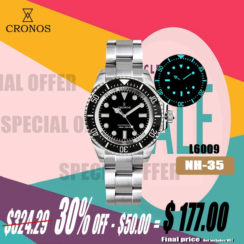 Cronos Automatic Diving Man Watch Stainless Steel Bracelet 2000 Meters Water Resistance Professional Diver Men\'s Watches L6009M