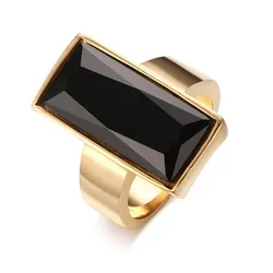 Japan and South Korea Fashion Square Black Glass Crystal Rings For Women Gold Color Stainless Steel Ring