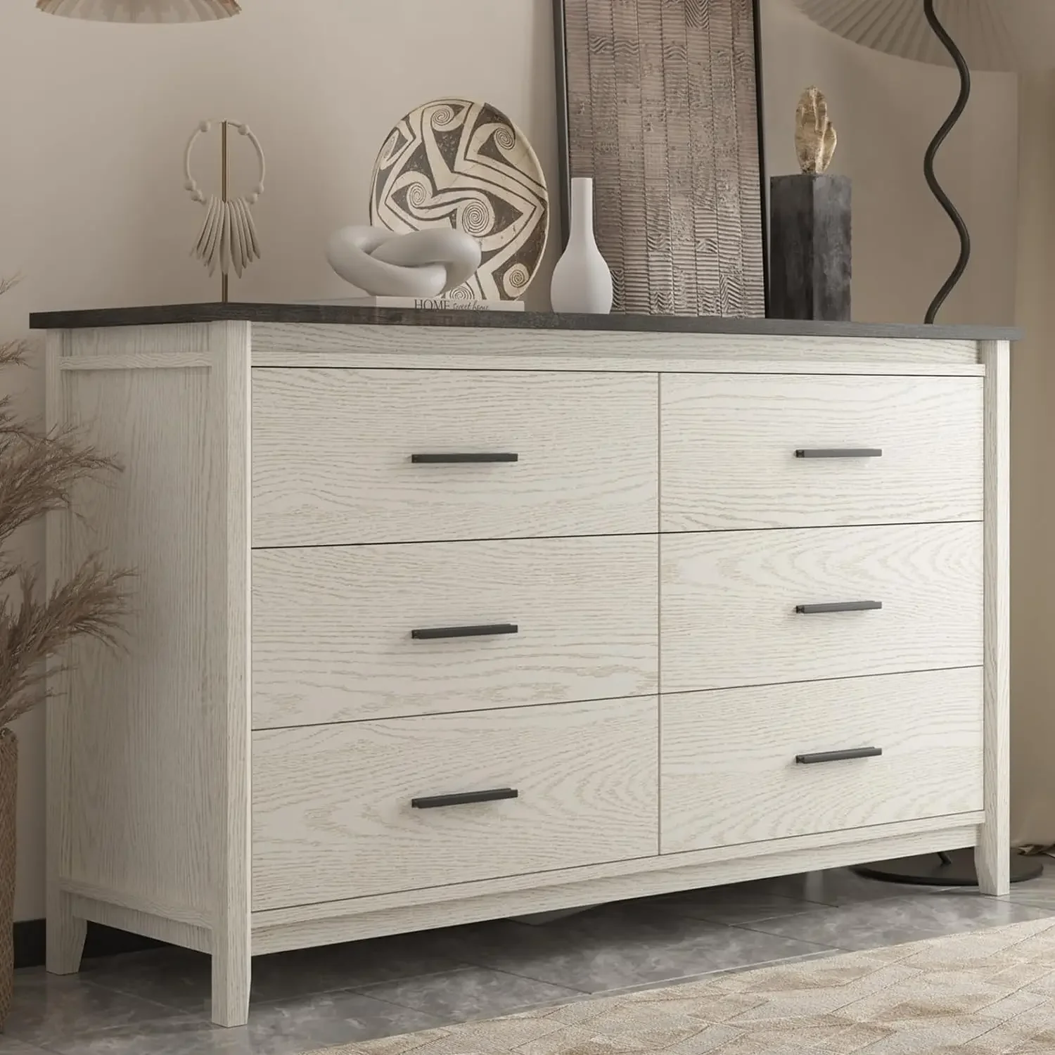 

6-Drawer Double Wood Dresser,Wide Chest of Drawer w/Metal Handles,TV Stand & Storage Cabinet for Bedroom Living Room,Black/White