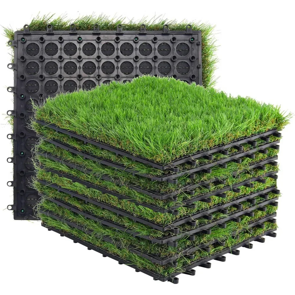 Turf Grass, Artificial Grass, Tile Interlocking and Self-Draining Mat for Patio, Indoor Outdoor,1x1 ft, 1.5 in Pile Height