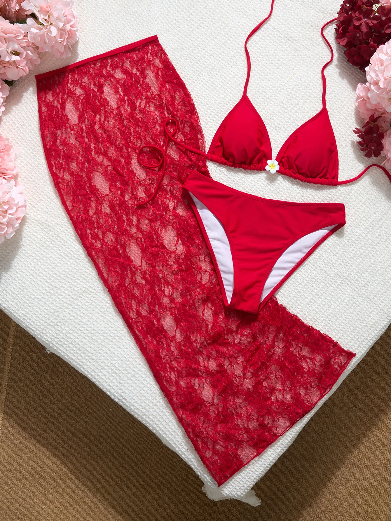 Red Lace 3 Piece Bikini Set 2026 Women's Sheer Halter Swimwear Summer Sexy Lace Mesh Holiday Bathing Suit Swimwear Party Robes