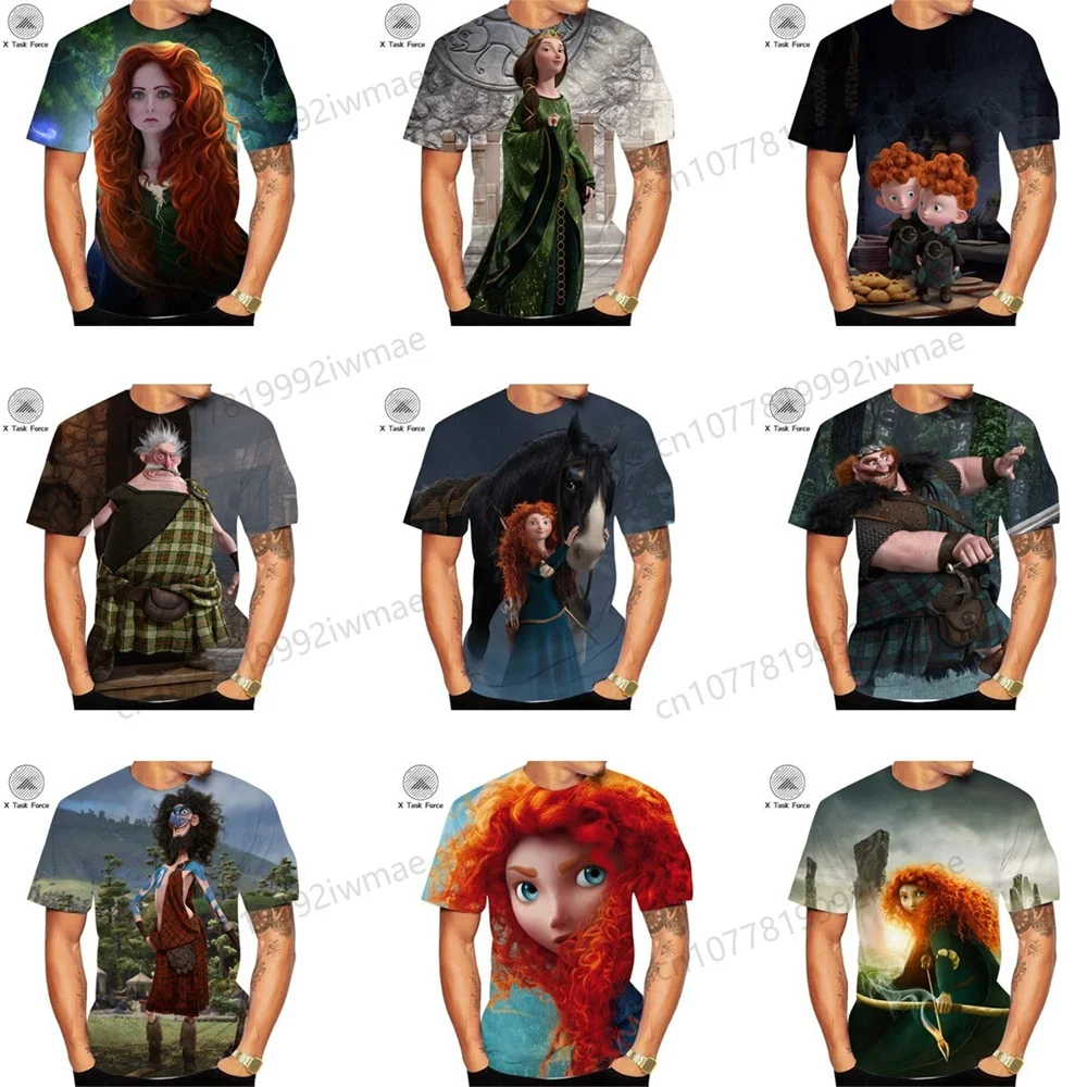 

2025 Disney Brave Princess Merida 3D Role Play T-shirt Summer Adult Children Breathable Short Sleeve Sports Cartoon Top