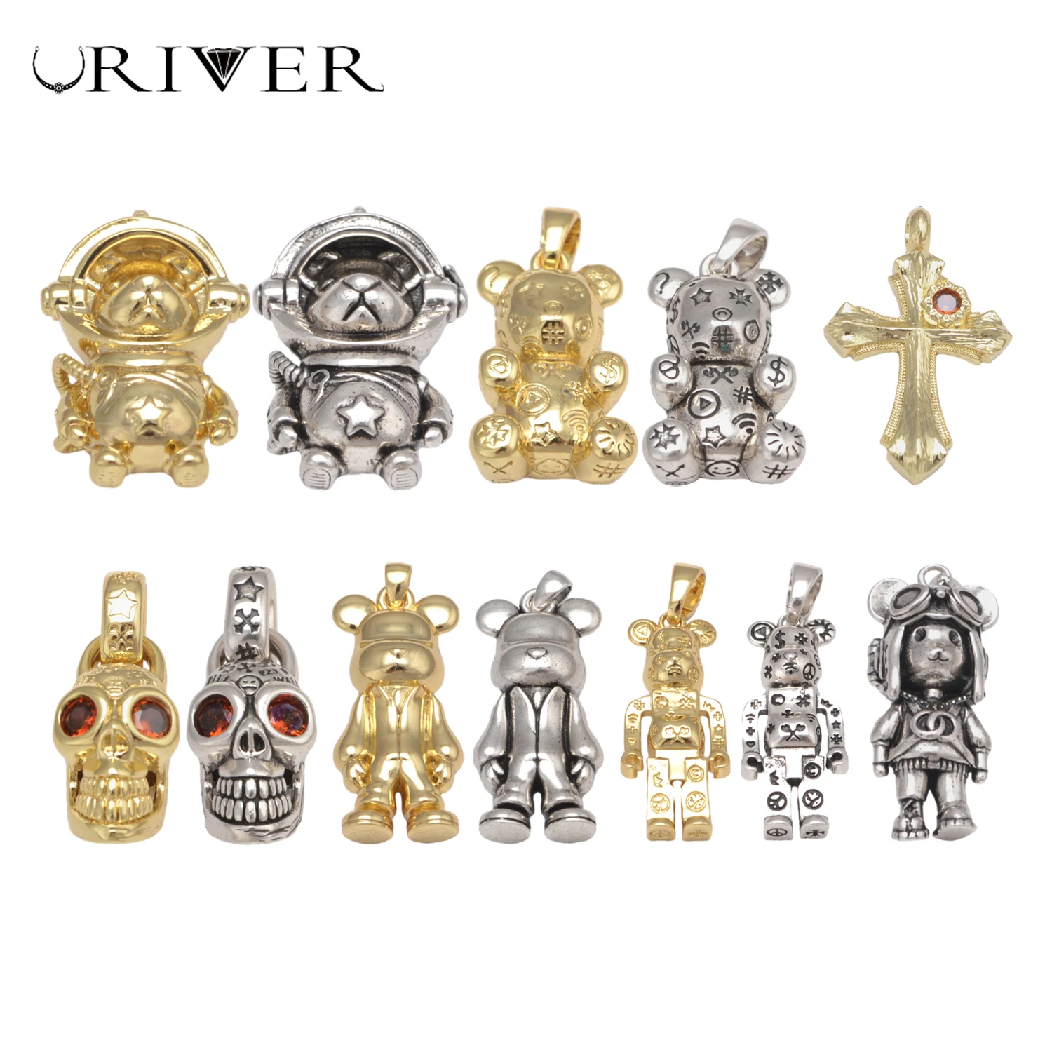 LJIRVER Punk Bronze Gold Silver Skull Bear Cross Charms Pendant Necklace Jewelry Accessories Supplies Fittings Antique Jewelry