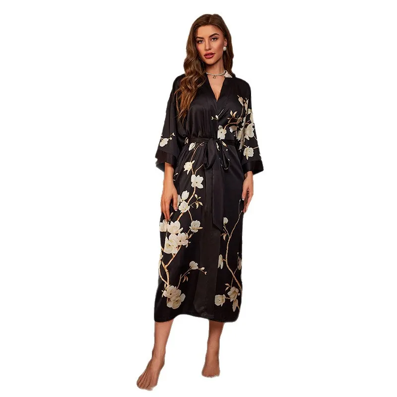 

New Fashion Printed Lace-up Long-sleeved Dress Women Nightgown Summer Sexy Loose Home Pajamas Long Skirt For Women.