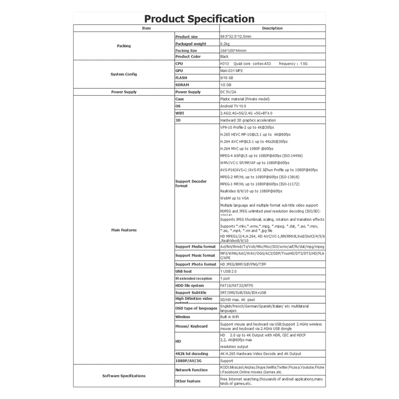 Q6-Bluetooth付きスマートTVスティック,ミニTVリモコン,Android 10, 2GB, 8GB, 2.4g,wifi,bt4.0,h313,pk dq03,耐久性,耐久性