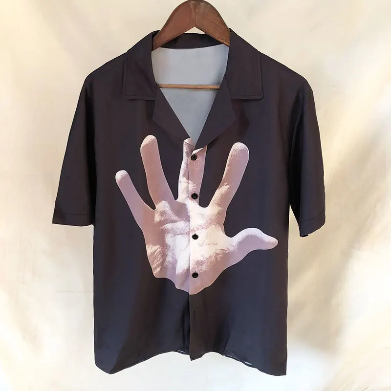 2023 Blue Hand Print Pattern Shirt Short Sleeve Casual Men Shirt Streetwear Summer Camisa  Masculina Color Contrast  Black Shirt