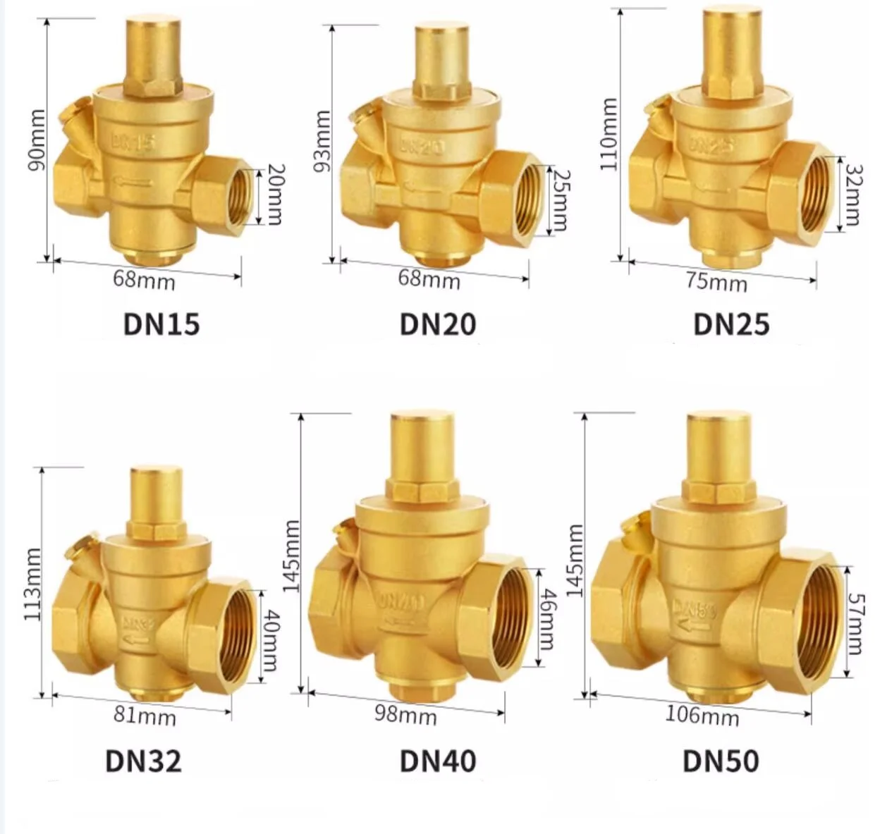 

G 1/2" 3/4" 1" 2" Brass Water Pressure Reducing Maintaining Valve DN15/DN20/DN25/DN32 Regulator Adjustable Relief Valve Gauge