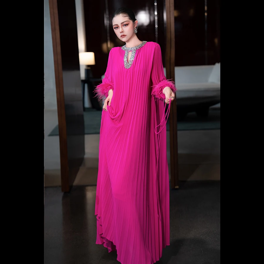 

Handmade rhinestone ostrich fur decorative long sleeved dress with loose robe style 241030MX01