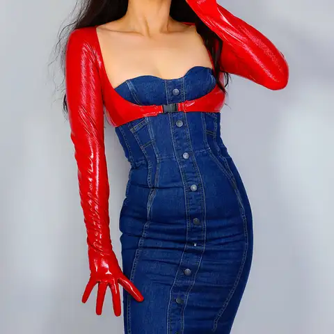 LATEX BOLERO GLOVES Shine Leather Faux Patent Red Top Jacket Crop Shrug Jumper LLDLLNT
