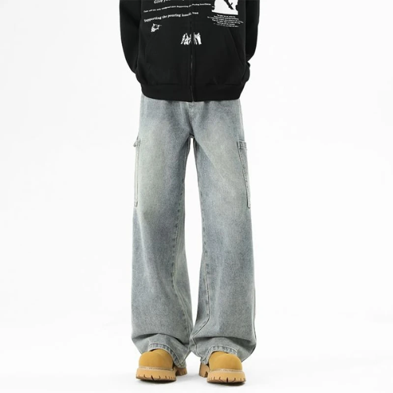 Mens Loose Wide Leg Cargo Jeans Vintage Washed Streetwear Denim Pants Multi-Color Utility Pockets Casual Trousers for Daily Wear