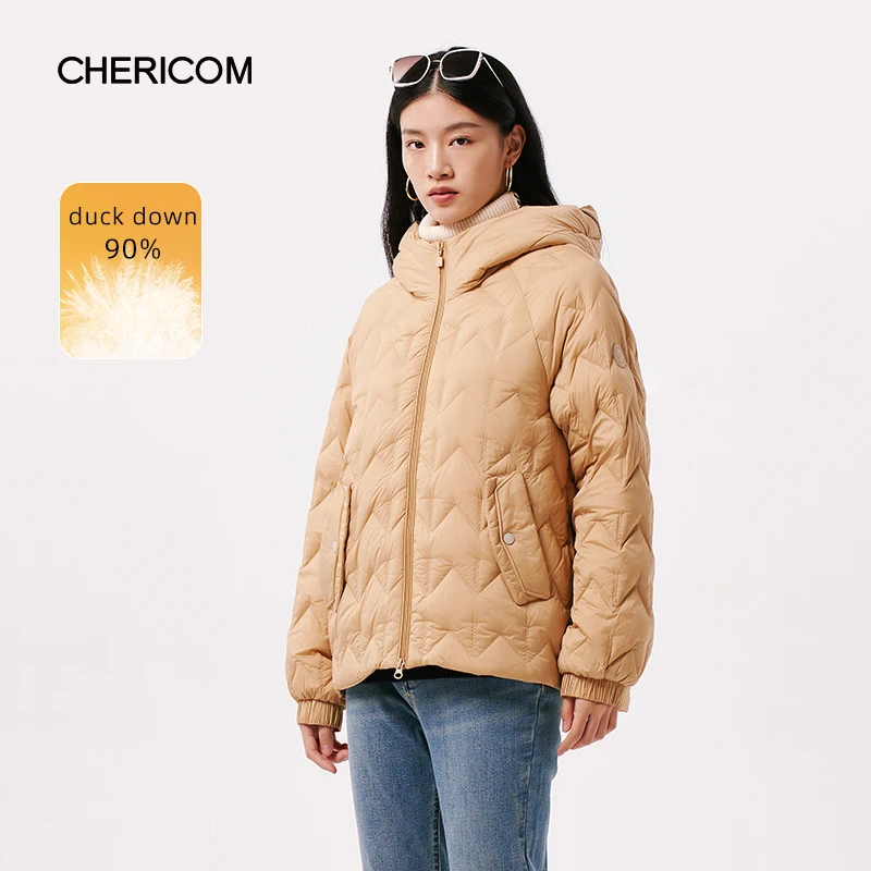 Chericom Koreaanse mode dames herfst winter donsjack met capuchon, licht geruit, casual, veelzijdige effen kleur pufferjassen 299059