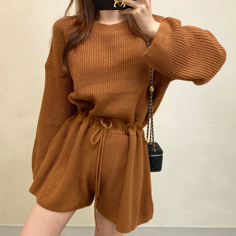 Chic ฤดูใบไม้ร่วง Retro รอบ Ne Dstring เอวยาว Sve ถักขากว้าง Jumpsuit orts ผู้หญิง Faion เดินทาง Sle